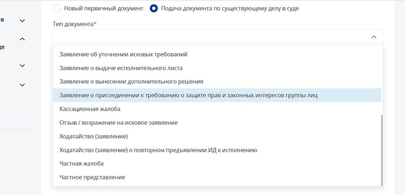 нужно выбрать тип подаваемого документа